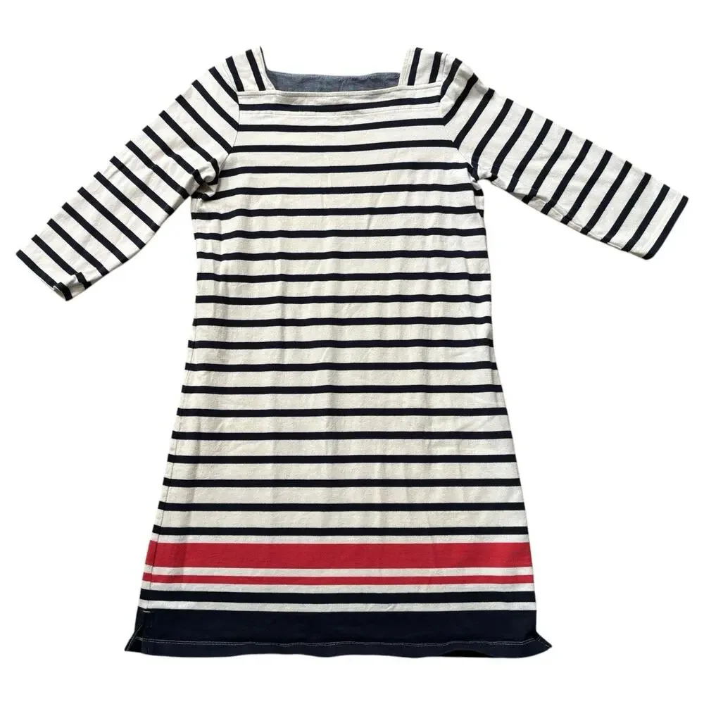LL Bean Nautical Stripe Cotton Dress Square Neck 3/4 Sleeve Small Preppy